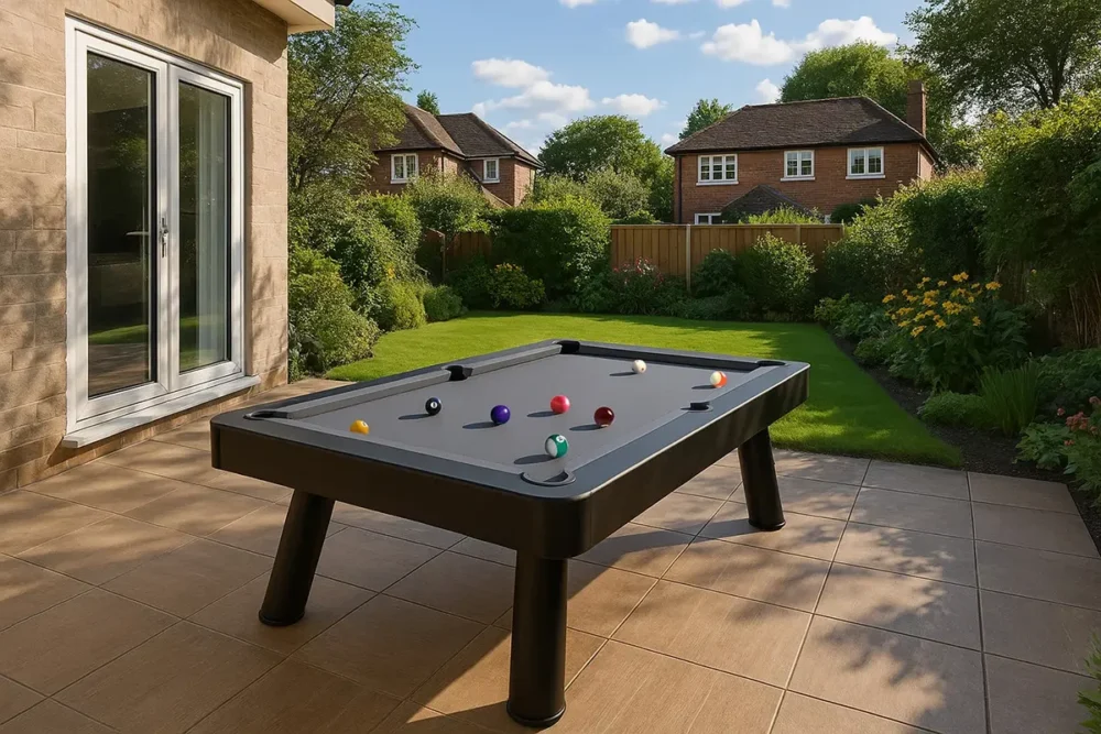 Nova Outdoor Pool Table, Grey cloth in garden setting on patio, 3/4 camera angle, summer outdoor games