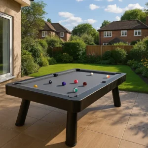 Nova Outdoor Pool Table, Grey cloth in garden setting on patio, 3/4 camera angle, summer outdoor games