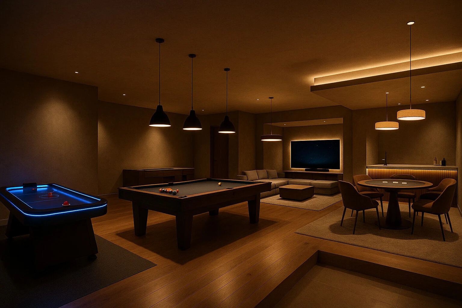 games room ideas with pool table air hockey and pendant lighting