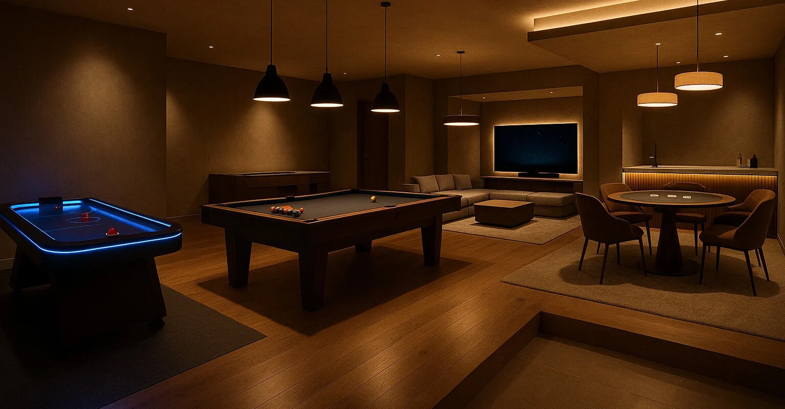 Premium home games room featuring an air hockey table alongside a pool table with pendant lighting